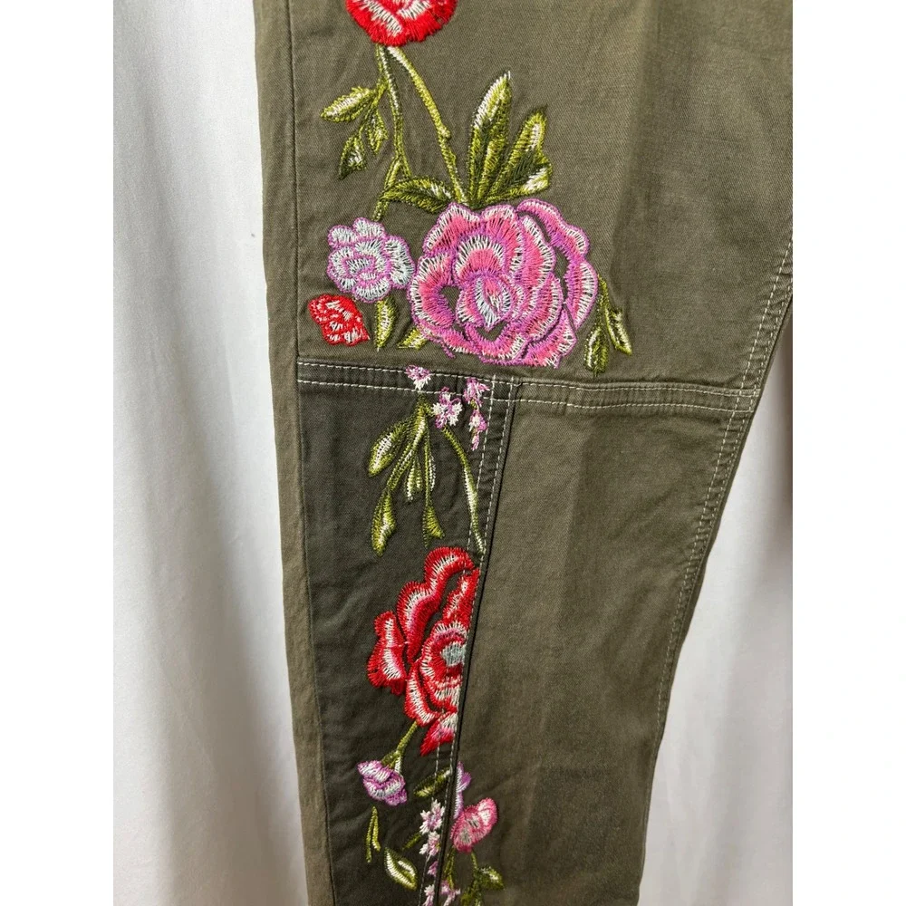 Free People Olive Green Floral Embroidered Utility Cargo Pants Womens Size 26